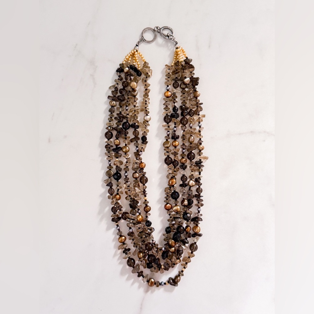 Multi-strand Quartz and Freshwater Pearl Necklace with Sterling Silver Toggle - Picture 5 of 14